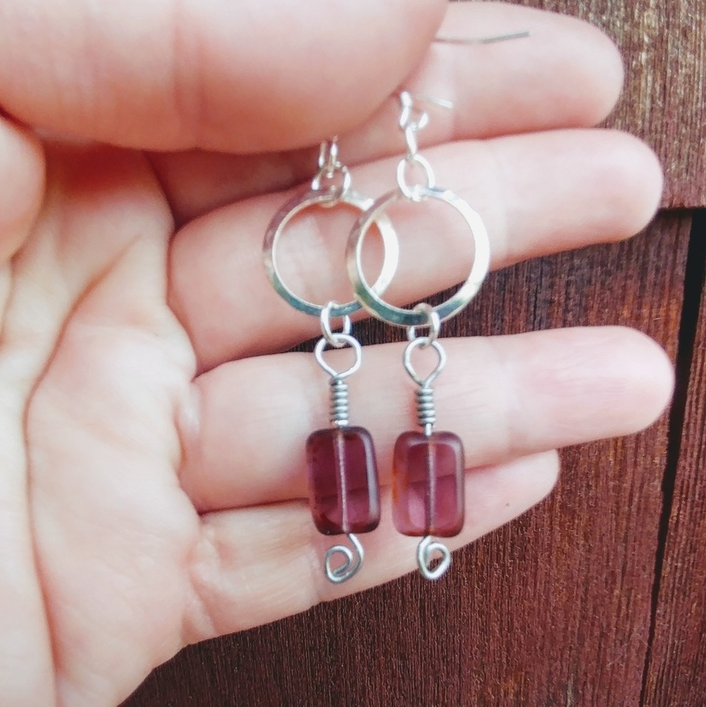 🚫SOLD🚫 Silver Hoops & Amethyst Glass - Picture 5 of 7